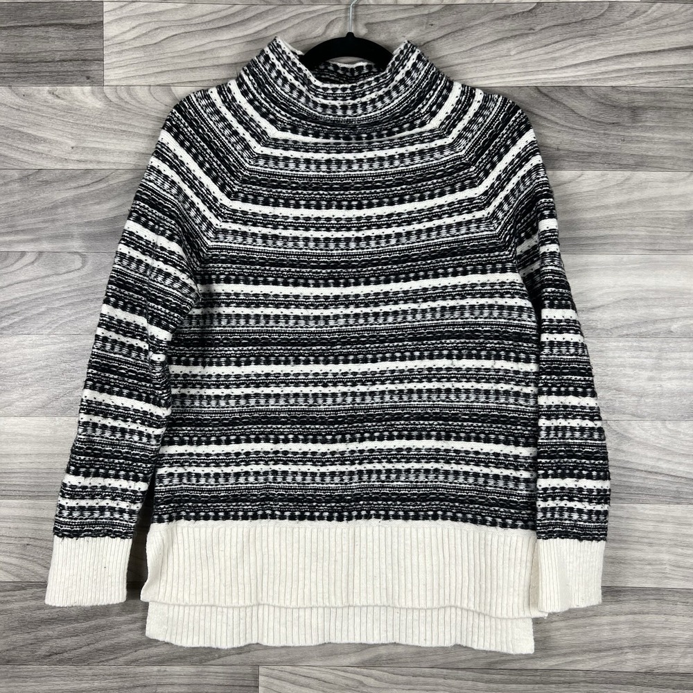 Talbots Sweater Womens S Cream Black Striped Wool Blend Knit Mock Neck Staple